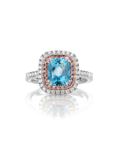 SLAETS Verlovingsringen Modern Classic Aquamarine Double Halo Ring with Pink Diamonds (horloges)